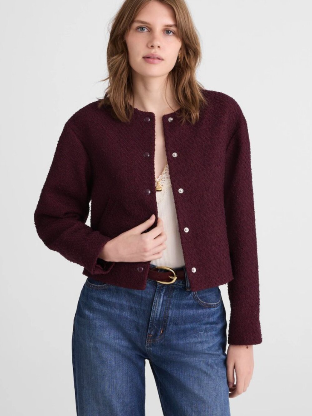 NWT - Madewell - Tweed Collarless Jacket - Sz S - Maroon